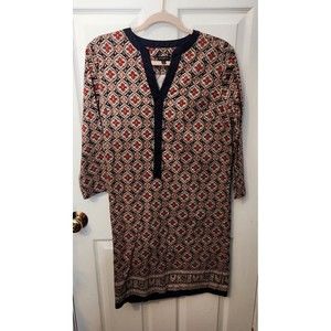 Talbots Womens Medallion Paisley‎ Shift Dress Navy Red Sz 8 3/4 Sleeve V Neck